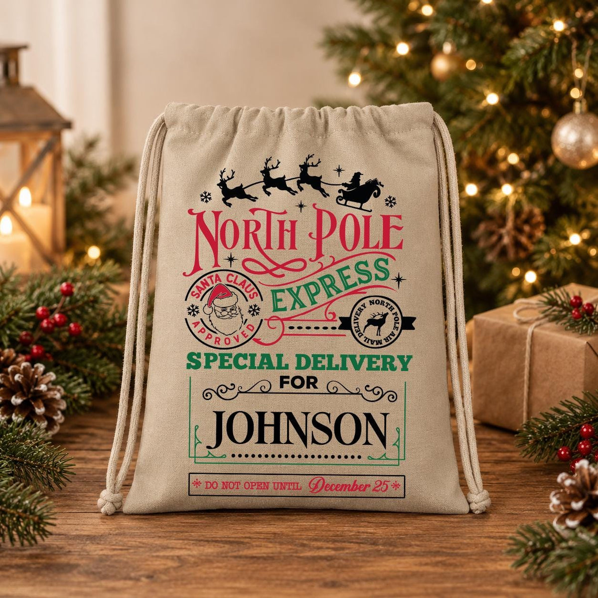 A beige drawstring bag with a Christmas-themed design, featuring text and illustrations related to the holiday season.
