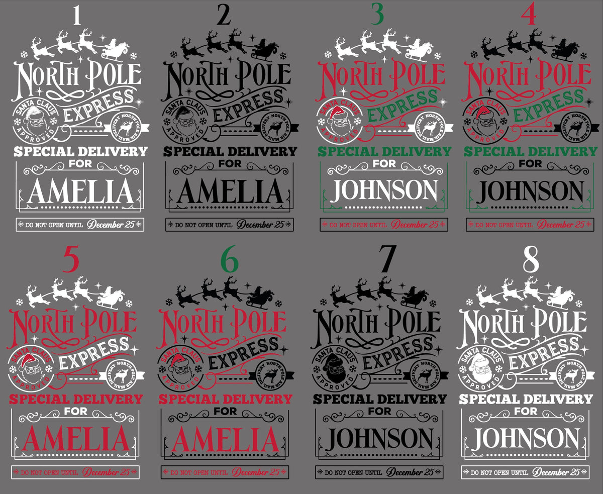 a collection of eight Christmas-themed labels or designs, each featuring the phrase "North Pole Express" and the names "Amelia" and "Johnson" along with the text "Special Delivery". The labels are arranged in a grid with two rows and four columns.